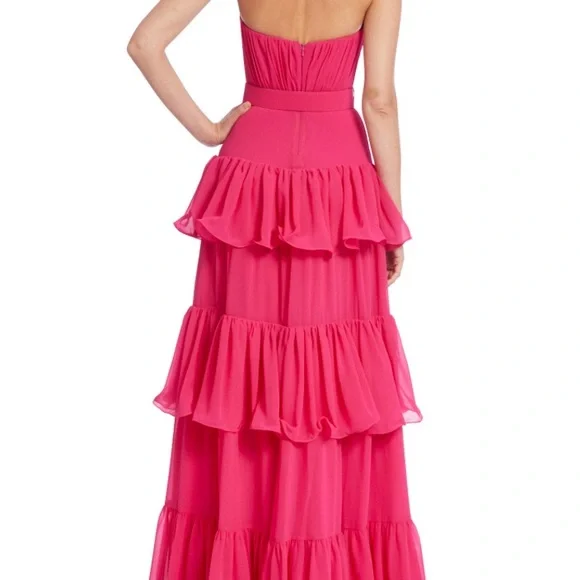 Badgley Mishka Strapless Tiered Ruffle Gown with Belt